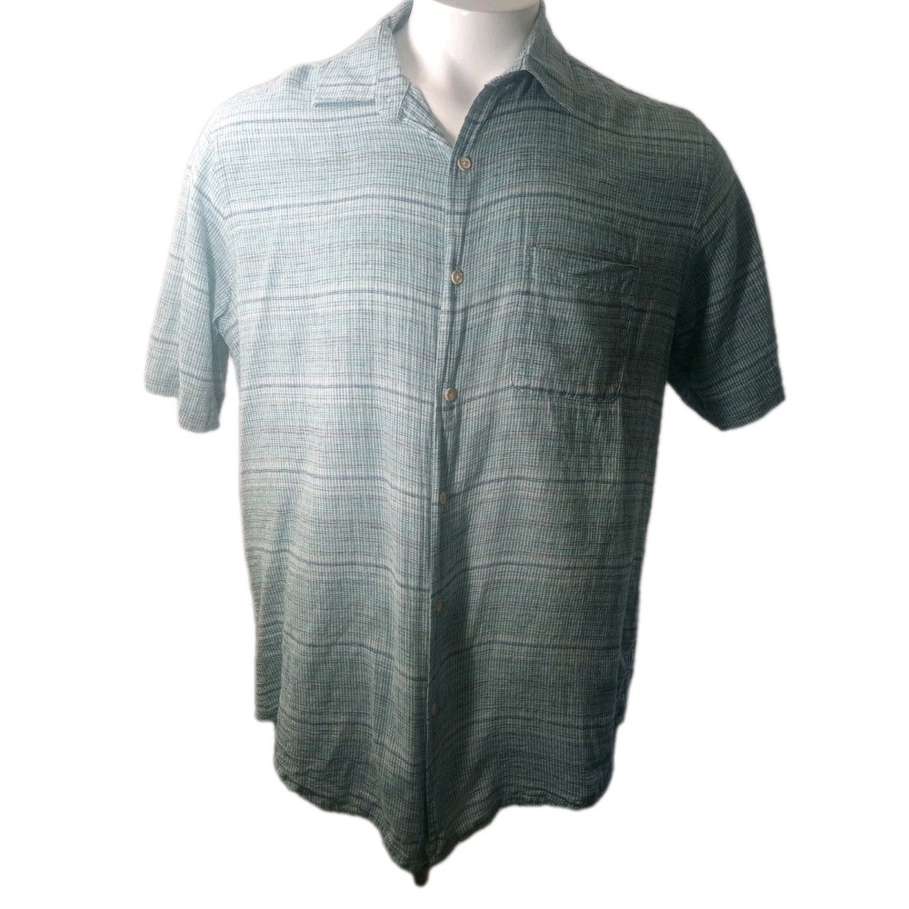 Tasso Elba Linen & Cotton L Men's Button Down Short Sleeve Shirt Blue Grey White
